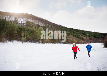 Senior couple jogging in winter nature. Stock Photo