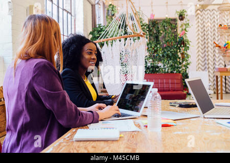 Colleagues working together at desk, using laptop Stock Photo