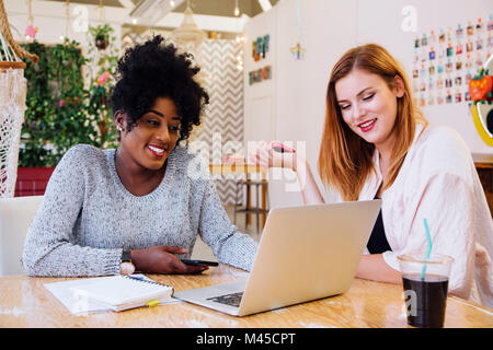 Colleagues in office using laptop together Stock Photo