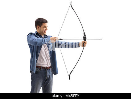 Young man aiming with a bow and arrow isolated on white background Stock Photo