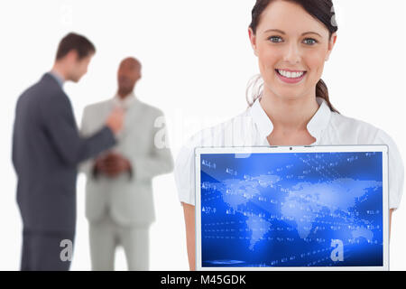 Composite image of world map with shares on blue background Stock Photo