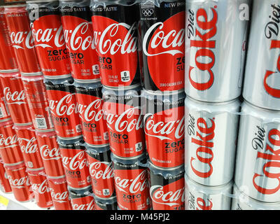 Cans of Coca-Cola and Diet Coke soda in a supermarket in New York on Tuesday, February 13, 2018. The Coca-Cola Co. reports fourth-quarter earnings on Friday before the bell. (© Richard B. Levine) Stock Photo