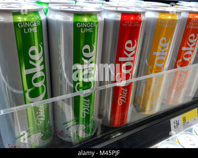 Cans of the Coca-Cola Co.'s new flavored Diet Coke soda product in a supermarket in New York on Tuesday, February 13, 2018. The Coca-Cola Co. reports fourth-quarter earnings on Friday before the bell. (© Richard B. Levine) Stock Photo