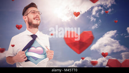 Composite image of geeky hipster opening shirt superhero style Stock Photo