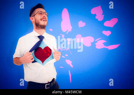 Composite image of geeky hipster opening shirt superhero style Stock Photo