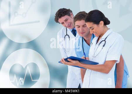 Composite image of happy doctors discussing on white background Stock Photo