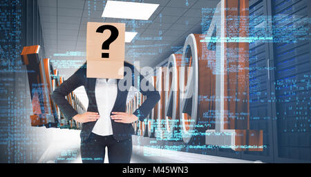 Composite image of businesswoman with box over head Stock Photo