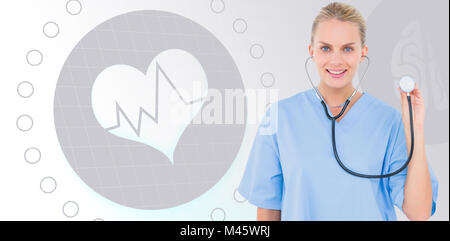 Composite image of female surgeon using stethoscope over white background Stock Photo