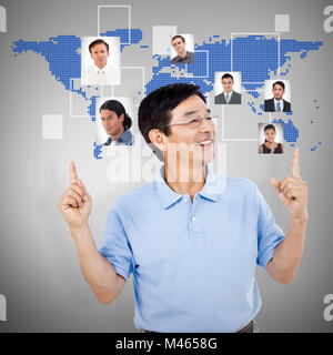 Composite image of happy man wearing eyeglasses gesturing Stock Photo