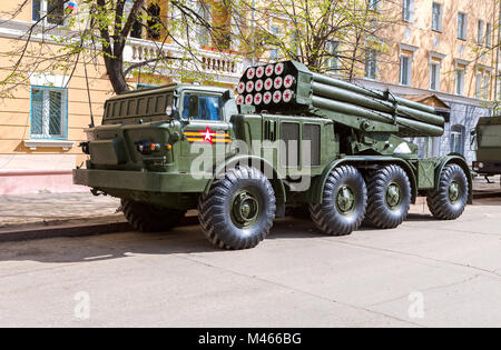 Samara, Russia - May 6, 2017: Soviet self-propelled multiple rocket launcher system BM-27 Uragan (Hurricane) on ZIL-135 chassis at the city street bef Stock Photo
