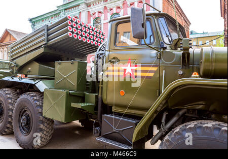 Samara, Russia - May 6, 2017: BM-21 Grad 122-mm Multiple Rocket Launcher (Katyusha) on Ural-375D chassis at the city street before the parade Stock Photo