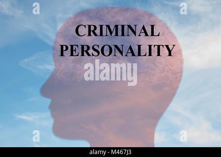 Render illustration of CRIMINAL PERSONALITY title on head silhouette, with cloudy sky as a background. Stock Photo