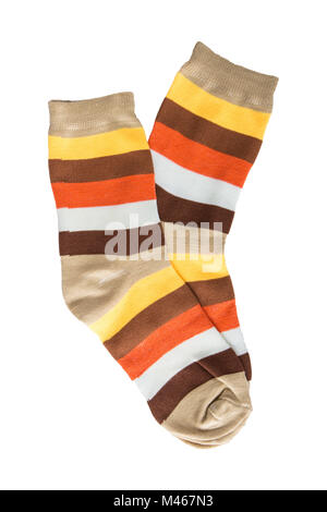 Two striped sock in yellow, orange, white, red-haired brown stripes. isolated Stock Photo