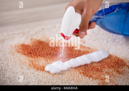 Close-up Of A Janitor's Hand Using Spray Bottle For Cleaning Stain On Carpet Stock Photo