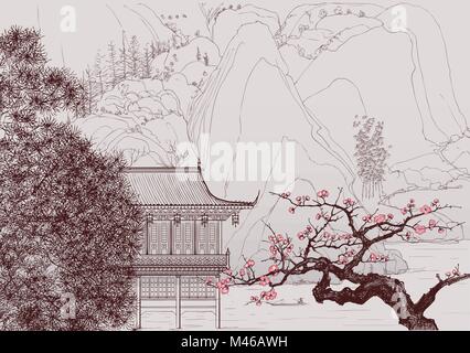Vector illustration of a Chinese landscape in the style of old chinese painting Stock Vector
