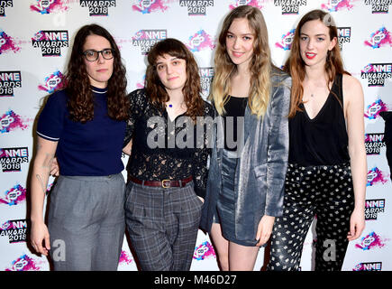 Juliette Jackson, Celia Archer, Fern Ford, Soph Nathann of The Big Moon arriving for the VO5 NME Awards 2018 held at the O2 Brixton Academy, London. Stock Photo