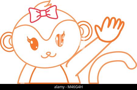 color line adorable female monkey animal with hand up Stock Vector