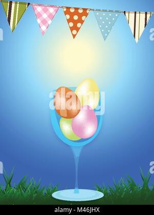 3D Illustration of Coloured Easter Eggs in a Glass on Grass Over Blue Sunny Sky with Festive Bunting Stock Vector