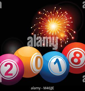 3D Illustration of Bingo Lottery Balls with 2018 New Years Date Over Black Background with Fireworks Stock Vector