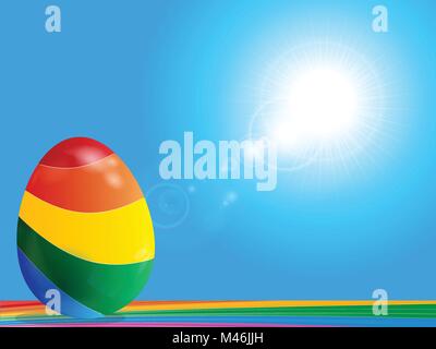 3D Illustration of Colourful Easter Egg On Rainbow Surface Over Blue Sunny Sky with Lens Flares Stock Vector
