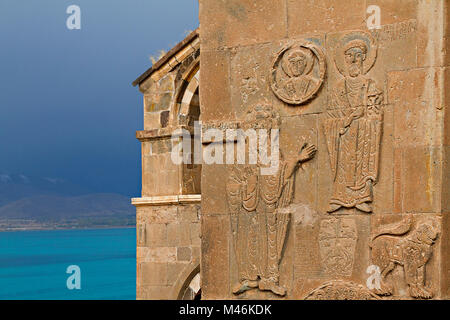 Reliefs on the wall of the ancient Armenian church of Akhtamar on the Akhtamar Island, Lake Van, in the province of Va Stock Photo