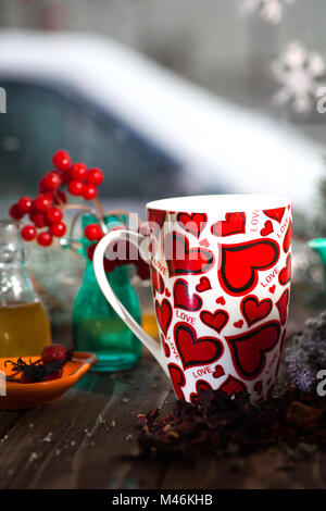 tea in a mug with hearts on the day of St. Valentine Stock Photo