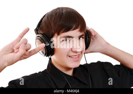 Teenager listening to rock music. Emotions from powerful audio track Stock Photo
