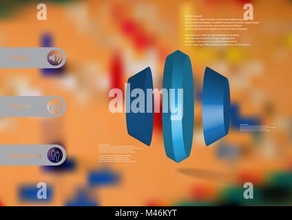 3D illustration infographic template with motif of round hexagon vertically divided to three blue parts with simple sign and sample text on side in ba Stock Vector