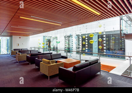 modern design interior of an office building with armchairs, sofas, wooden tables for tables, a window, long yellow lamps, glass balls and a ribbed ce Stock Photo