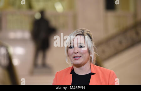 Sinn Fein's vice president Michelle O'Neill speaking at Parliament Buildings at Stormont in Belfast. Stock Photo