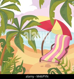 Summertime on the beach. Palms and plants around.Cartoon vector illustration. Summer vacation on sea coast Stock Vector