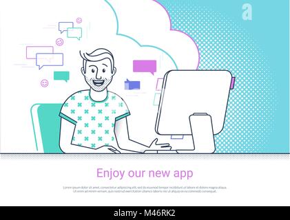 Glad man is working with computer. Flat fun line vector illustration of happy smiling student studying or working at home desk. Young guy enjoying web Stock Vector