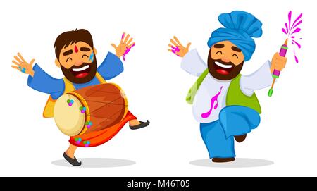 Traditional Indian festival Holi. Funny dancing men. Postcard for Bengali New Year. Holiday of spring. Vector illustration on white background Stock Vector