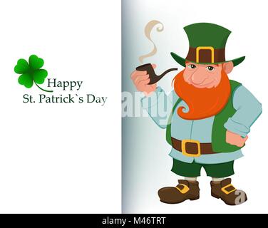 Happy Saint Patrick's Day. Character with green hat and red beard and four leaf clover. Cartoon happy leprechaun with smoking pipe. Vector illustratio Stock Vector