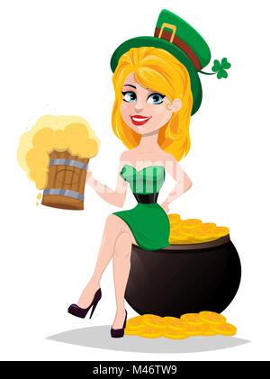 Happy Saint Patrick's Day. Cartoon character woman with green hat. Cute lady in leprechaun costume sitting on pot with gold and holding a pint of beer Stock Vector