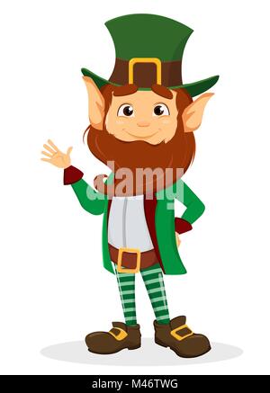Happy Saint Patrick's Day. Smiling cartoon character leprechaun with green hat waving hand. Vector illustration Stock Vector