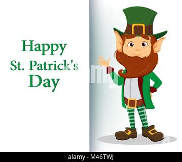 Happy Saint Patrick's Day. Smiling cartoon character leprechaun with green hat waving hand and standing near placard with greetings. Vector illustrati Stock Vector