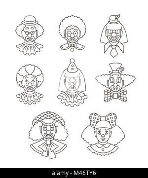 Clown faces different thin line avatars. Vector flat linear icons. Cartoon illustration. Circus men and girl smiling outline portraits with different  Stock Vector
