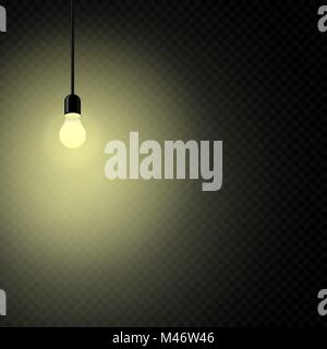 Retro electrici light bulb in dark template with glowing bright lights on black transparent background. Idea science symbol vector illustration Stock Vector