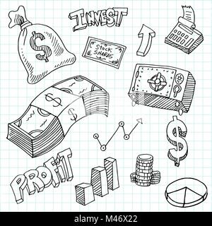 An image of a Financial Investment Symbols Drawing Set on a grid background. Stock Vector