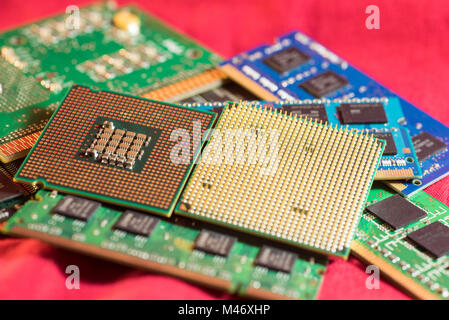 Two different types of CPUs on stacks of memory cards. Stock Photo