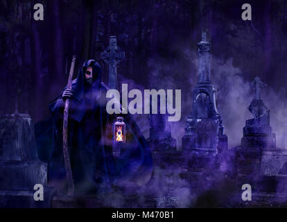 Wicked gothic man in a hooded balk robe holding a lantern walking through a foggy graveyard at night Stock Photo