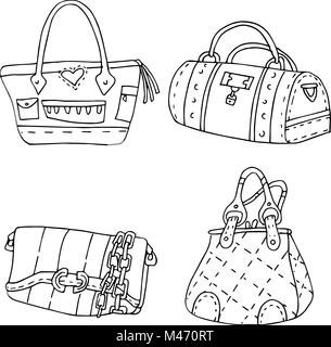 An image of a Purse Handbag Black White Drawing Set. Stock Vector