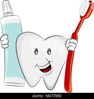 An image of a Dental Oral Hygiene Tooth Toothbrush Toothpaste Cartoon Character isolated on white. Stock Vector
