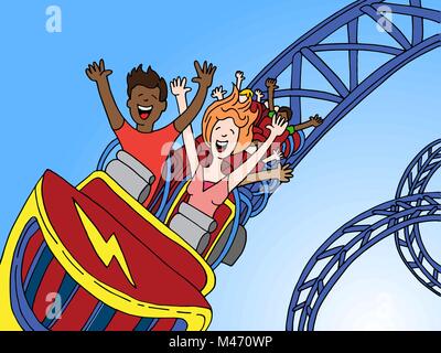 An image of a People Riding Amusement Park Roller coaster. Stock Vector