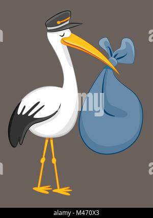 An image of a Stork Delivering Baby Bundle isolated on gray background. Stock Vector