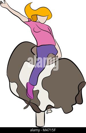 An image of a girl riding a mechanical bull. Stock Vector