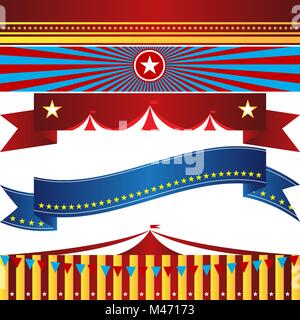 An image of a set of circus themed banners. Banners are isolated on a white background. A total of five banners in a carnival theme, copy space. Stock Vector