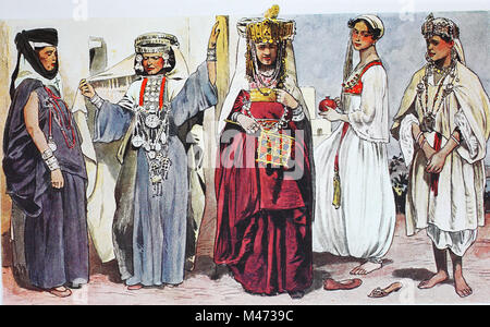 Clothing, fashion in Algeria, Algiers, around the 19th century, from the left, three dancers or entertainers, a lady from Algiers in a housecoat and a Kabyle woman, digital improved reproduction from an original from the year 1900 Stock Photo