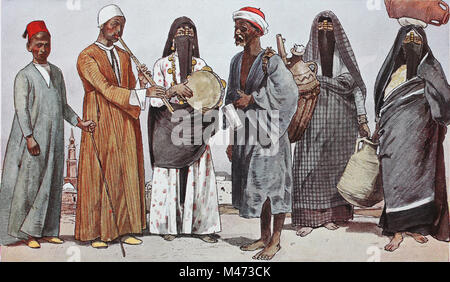 Clothing, fashion in Africa, Egypt, from the left, a servant, a wandering couple of musicians, a water vendor and two women with facial veils fetching water, digital improved reproduction from an original from the year 1900 Stock Photo